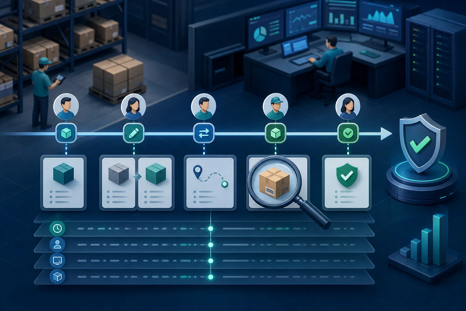 Ilustrasi audit trail IT Inventory yang menelusuri pengguna, perubahan transaksi, waktu, dan approval